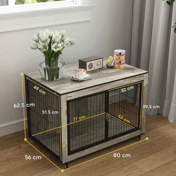 Dog Crate Furniture on Wheels, Dog Cage End Side Table with Lockable Double Doors, for Medium Dogs, 80 x 56 x 62.5cm, Grey