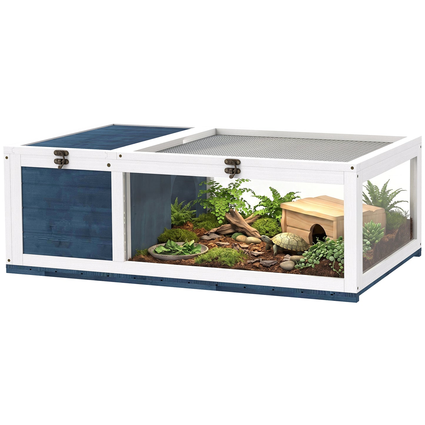 Tortoise House w/ Mesh Roof, Small Pet Reptile Wooden House - Blue
