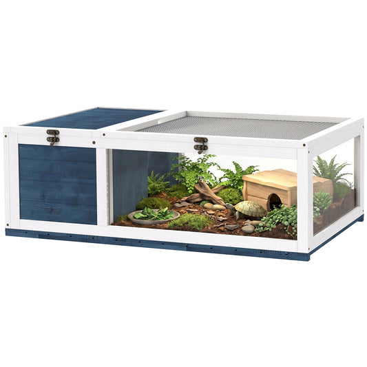 Tortoise House w/ Mesh Roof, Small Pet Reptile Wooden House - Blue