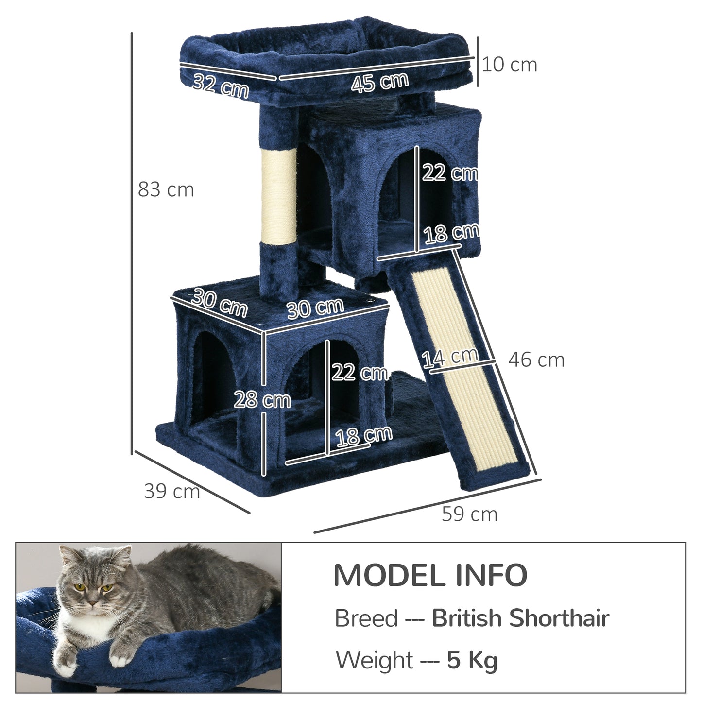 Sisal Cat Rest & Play Activity Tree w/ 2 House Navy Blue