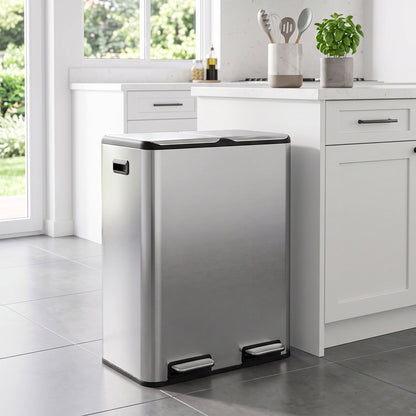 2x30L Kitchen Bin, Stainless Steel Recycling Bin, Silver Tone