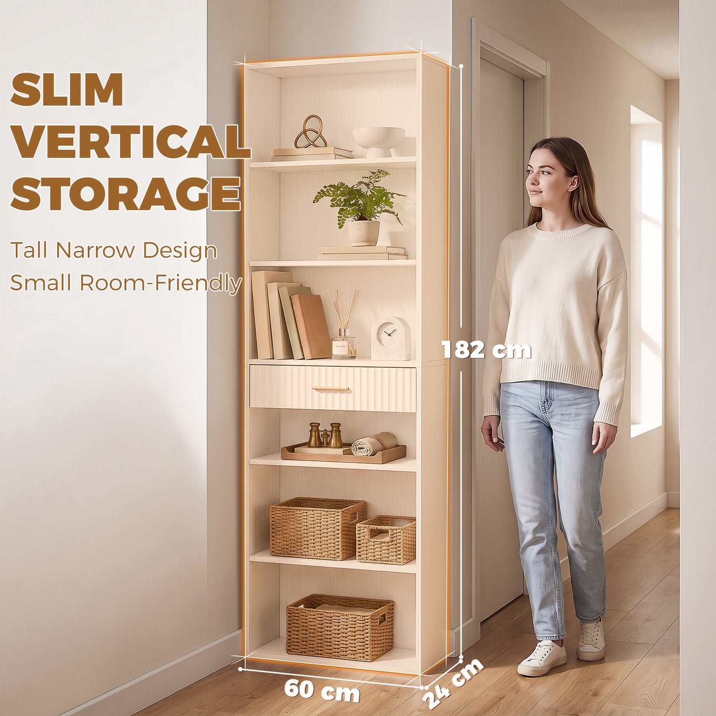 Tall Bookcase with Cubes, 7-Tier Bookshelf with Drawer, White