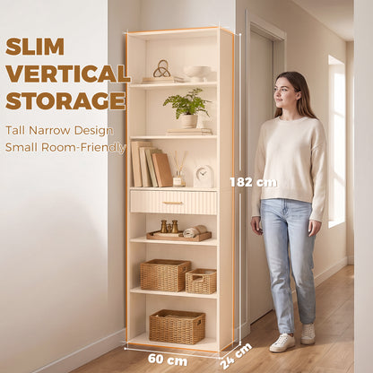 Tall Bookcase with Cubes, 7-Tier Bookshelf with Drawer, White