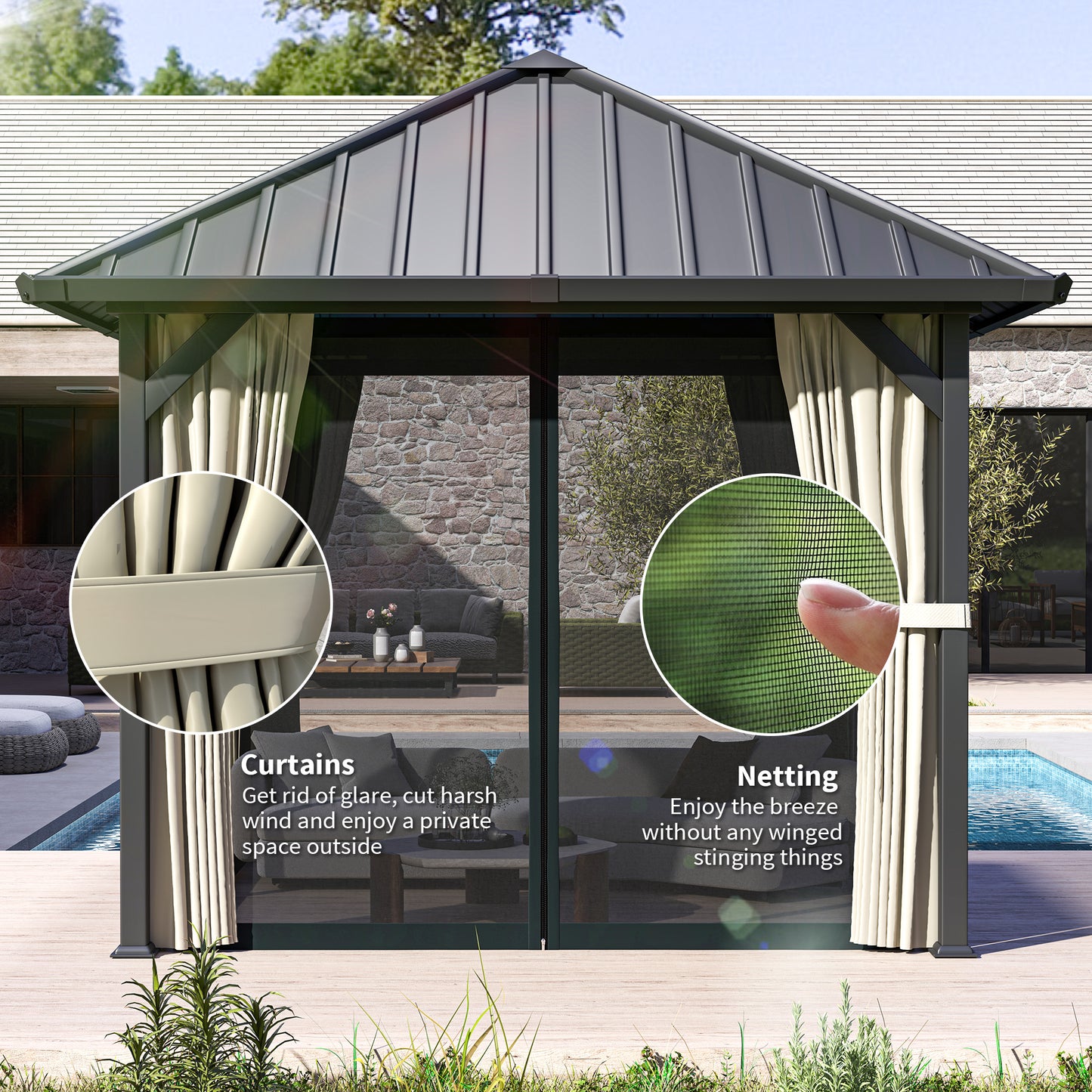 3 x 3(m) Metal Hardtop Gazebo with Netting and Curtains, Black