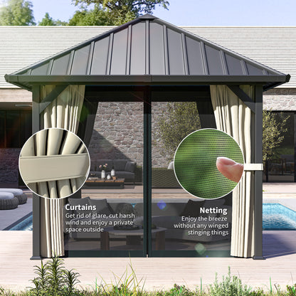 3 x 3(m) Metal Hardtop Gazebo with Netting and Curtains, Black