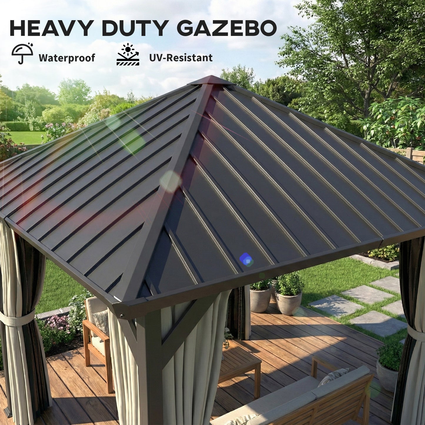 3 x 3(m) Metal Hardtop Gazebo with Netting and Curtains, Black