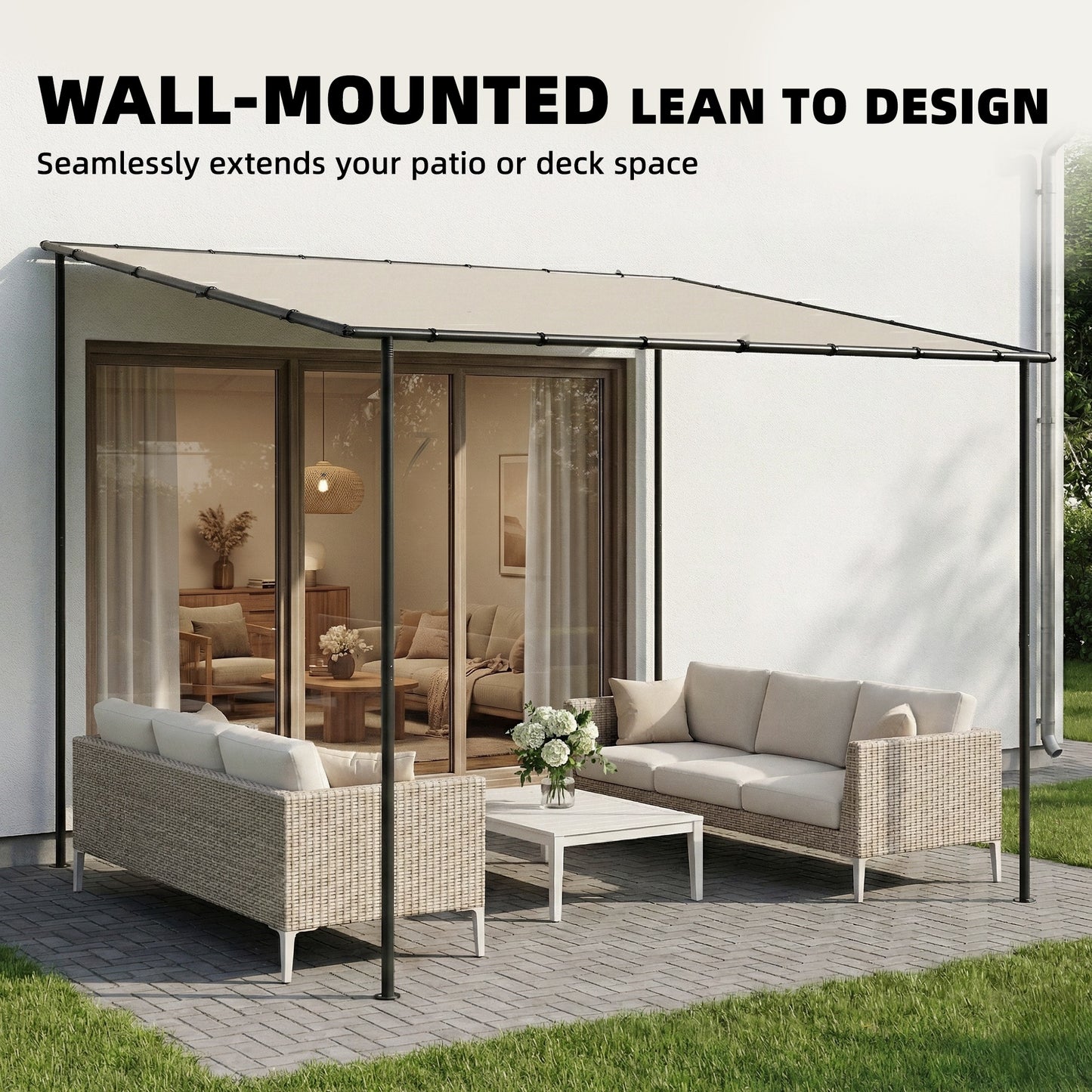 3 x 2 m Lean to Garden Pergola, Metal Frame Gazebo Pergola, Cream
