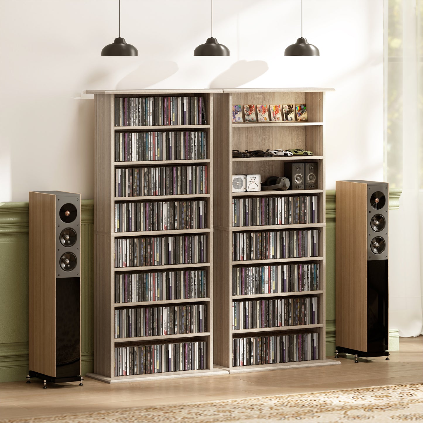 360 CD/185 DVD Storage Unit, 185 Blu-ray Media Storage Shelf with 8 Compartments and 6 Adjustable Shelves, CD Tower for Living Room, Bedroom, Office, Natural Wood Finish