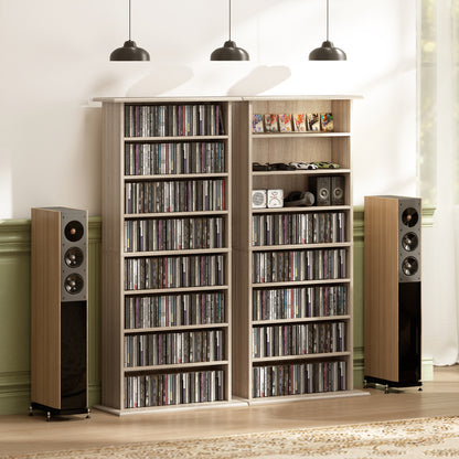 360 CD/185 DVD Storage Unit, 185 Blu-ray Media Storage Shelf with 8 Compartments and 6 Adjustable Shelves, CD Tower for Living Room, Bedroom, Office, Natural Wood Finish