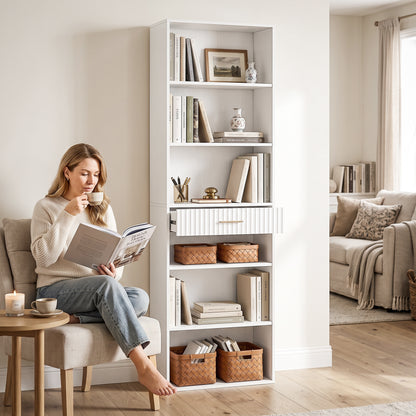 Tall Bookcase with Cubes, 7-Tier Bookshelf with Drawer, White
