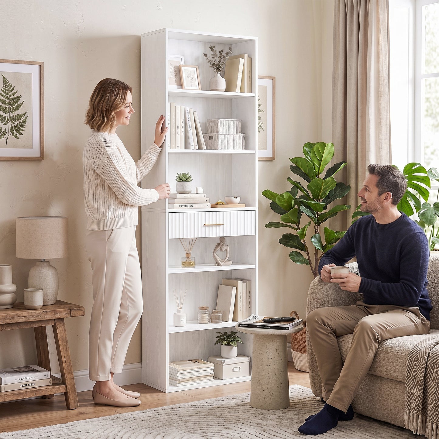 Tall Bookcase with Cubes, 7-Tier Bookshelf with Drawer, White