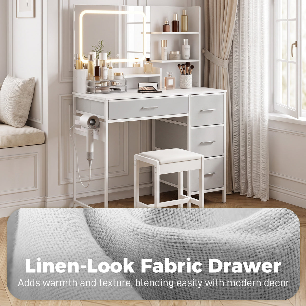 Vanity Dressing Table with 3-Colour LED Mirror and Power Outlet