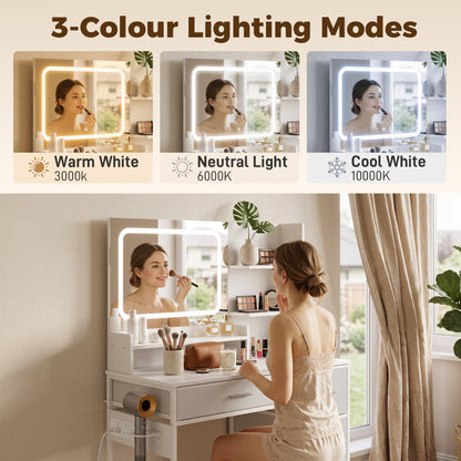 Vanity Dressing Table with 3-Colour LED Mirror and Power Outlet