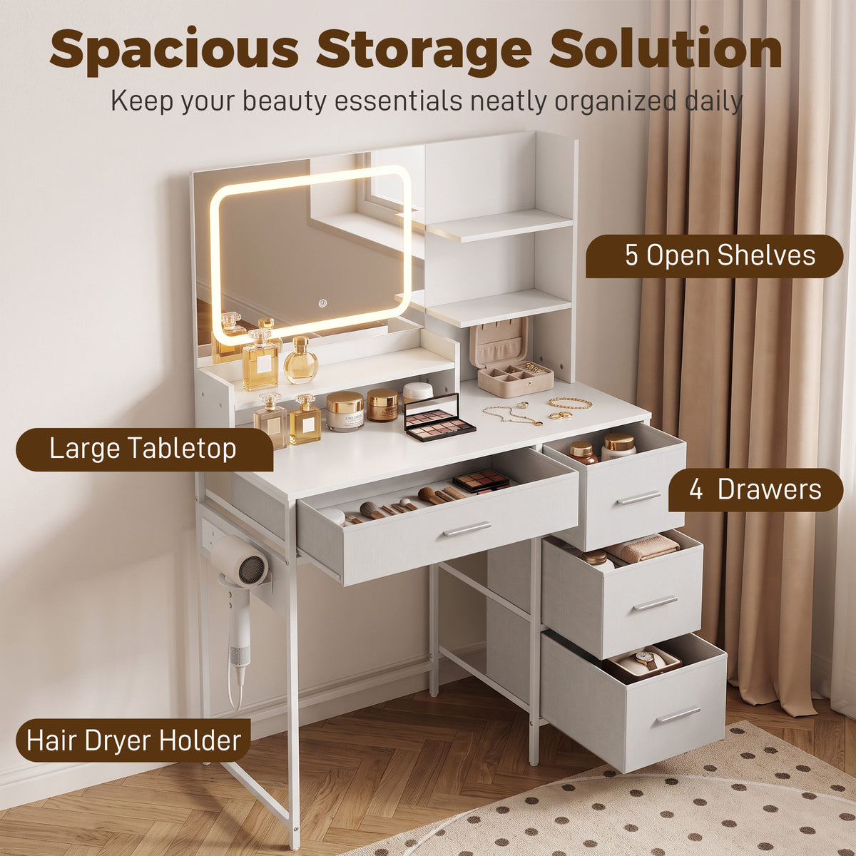 Vanity Dressing Table with 3-Colour LED Mirror and Power Outlet