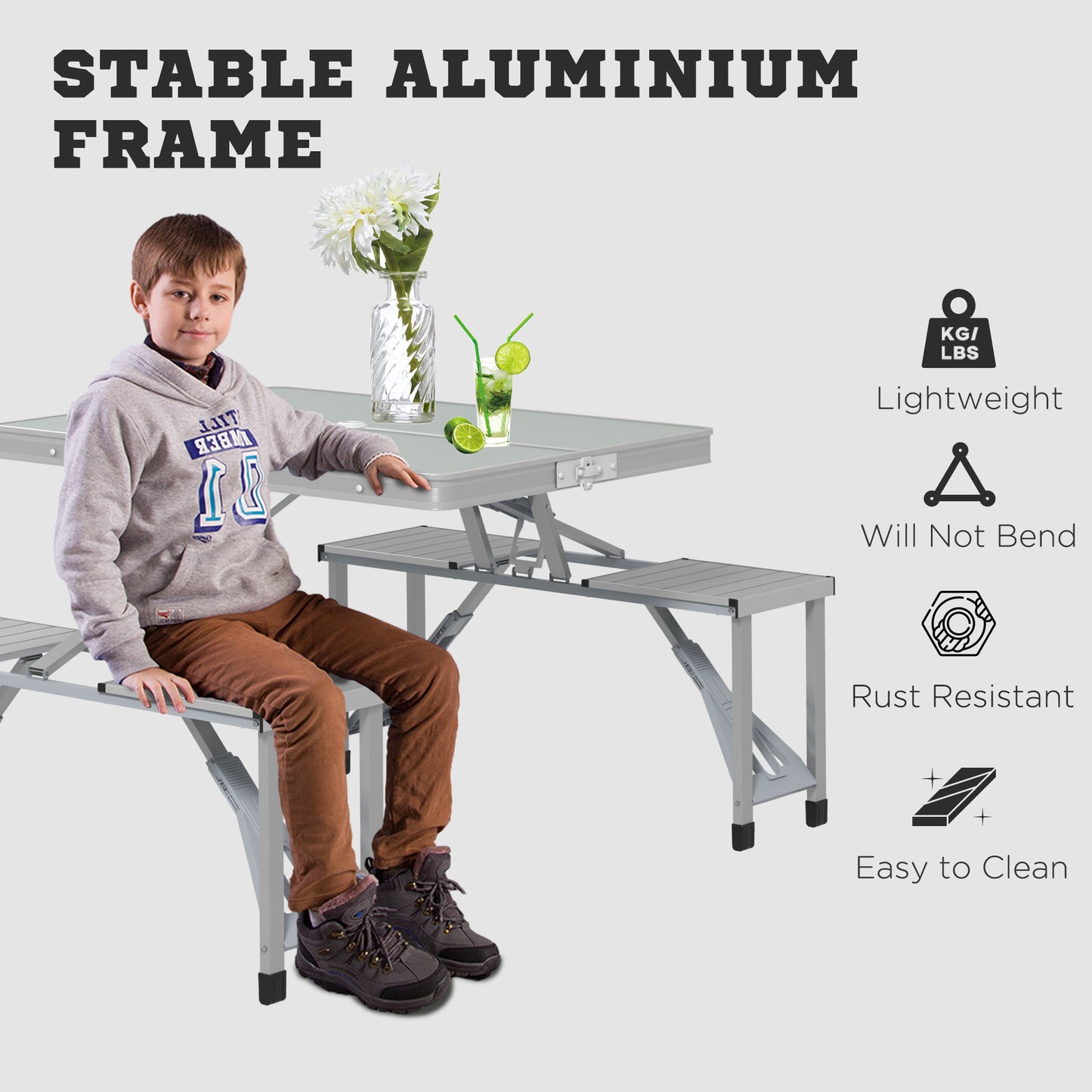 Folding Camping Picnic Table with 4 Seats and Umbrella Hole, Grey