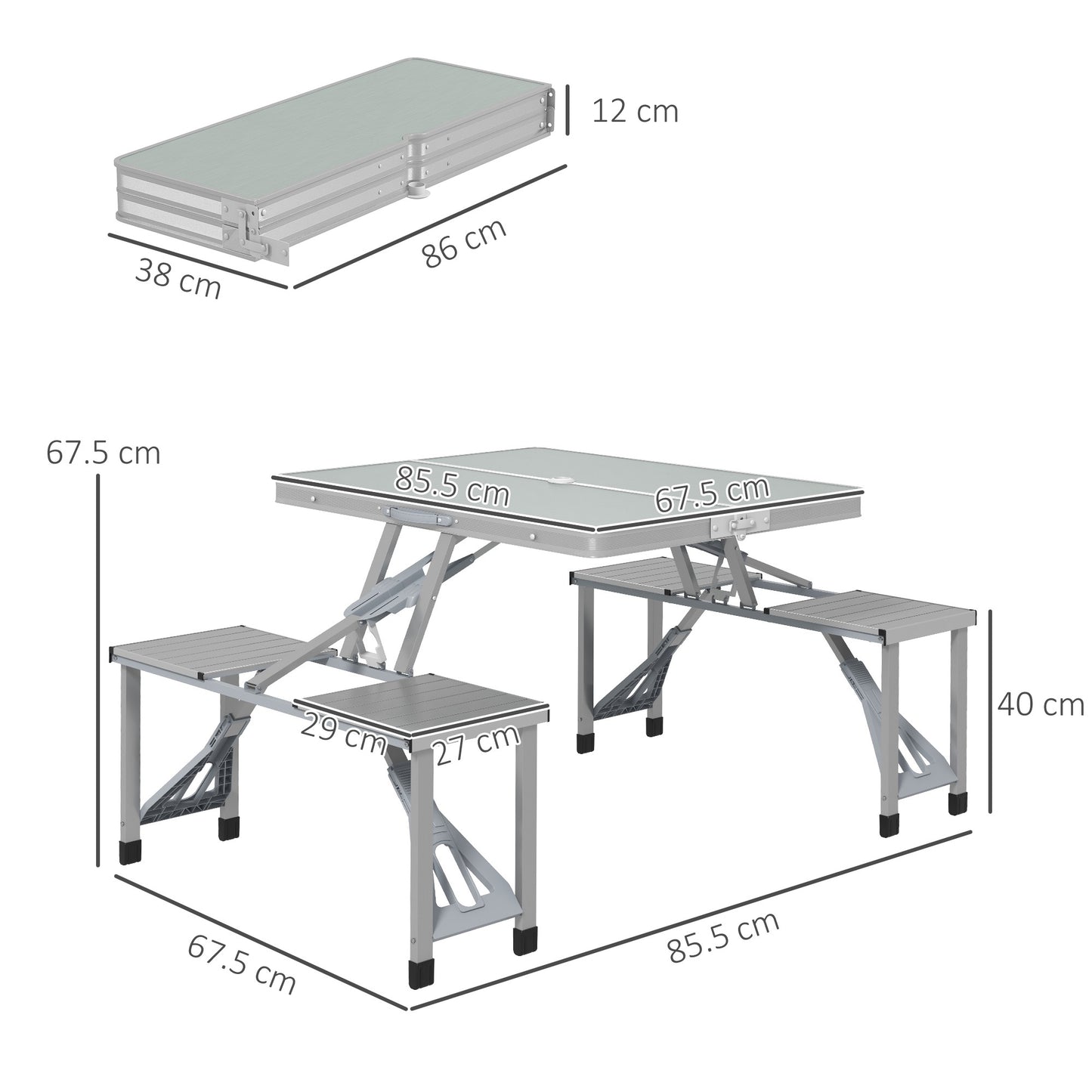 Folding Camping Picnic Table with 4 Seats and Umbrella Hole, Grey