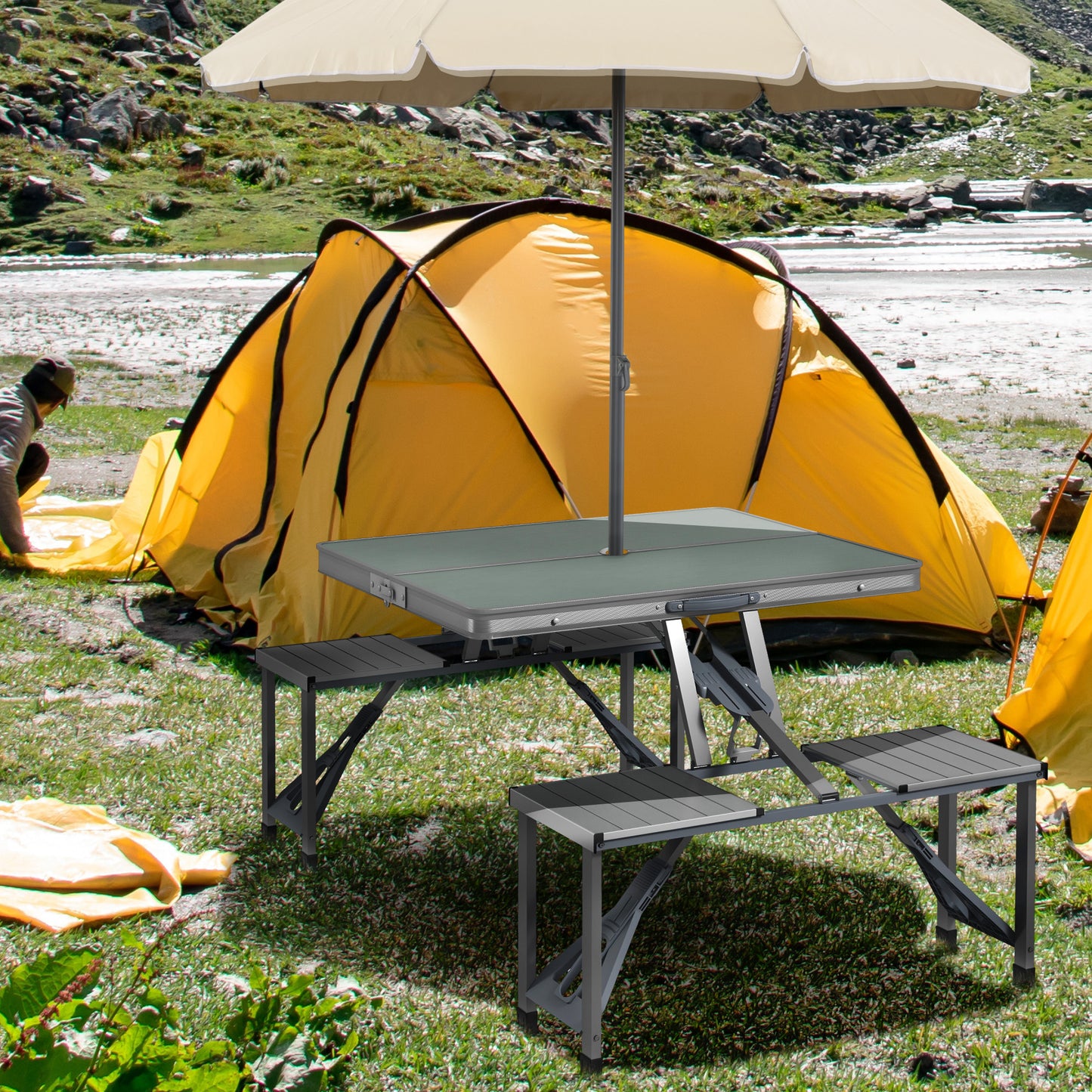 Folding Camping Picnic Table with 4 Seats and Umbrella Hole, Grey