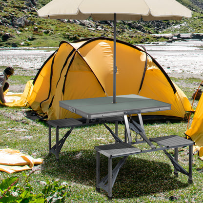 Folding Camping Picnic Table with 4 Seats and Umbrella Hole, Grey