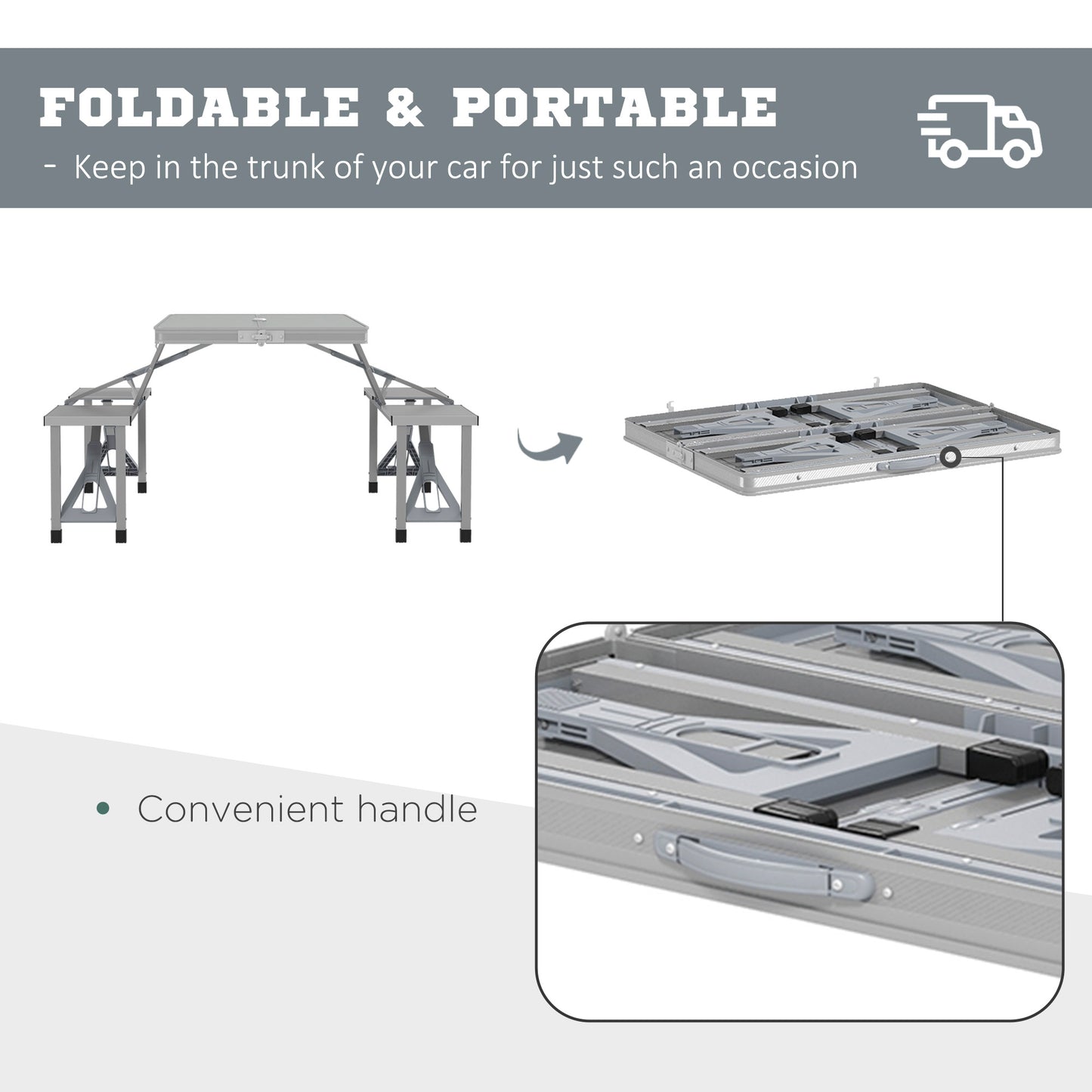 Folding Camping Picnic Table with 4 Seats and Umbrella Hole, Grey
