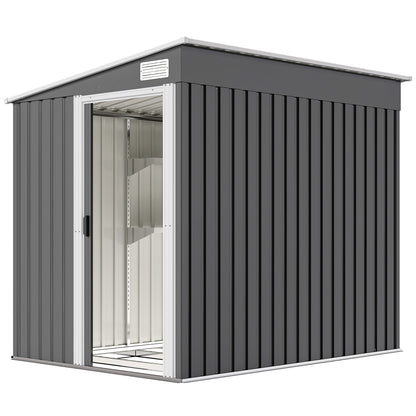 7 x 5FT Galvanised Metal Garden Shed with Foundation, Lean to Shed, Tool Storage House with Sliding Doors, 2 Vents, Adjustable Shelves and Hooks, Dark Grey