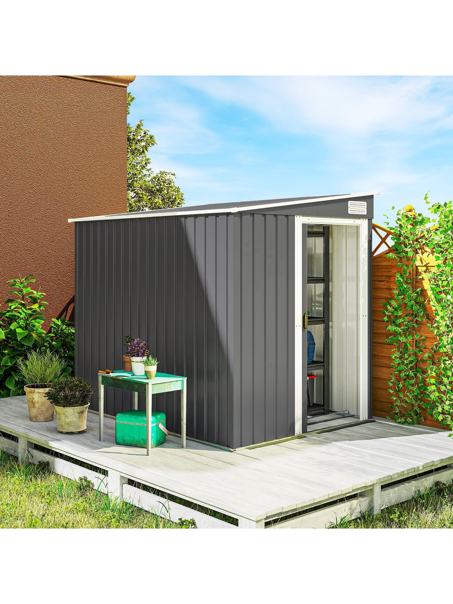 7 x 5FT Galvanised Metal Garden Shed with Foundation, Lean to Shed, Tool Storage House with Sliding Doors, 2 Vents, Adjustable Shelves and Hooks, Dark Grey