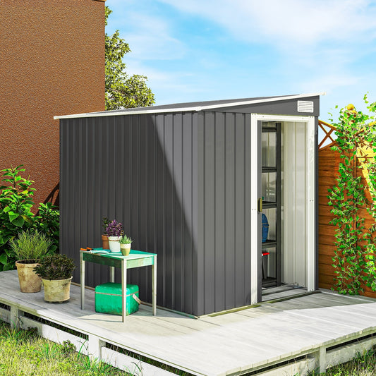 7 x 5FT Galvanised Metal Garden Shed with Foundation, Lean to Shed, Tool Storage House with Sliding Doors, 2 Vents, Adjustable Shelves and Hooks, Dark Grey