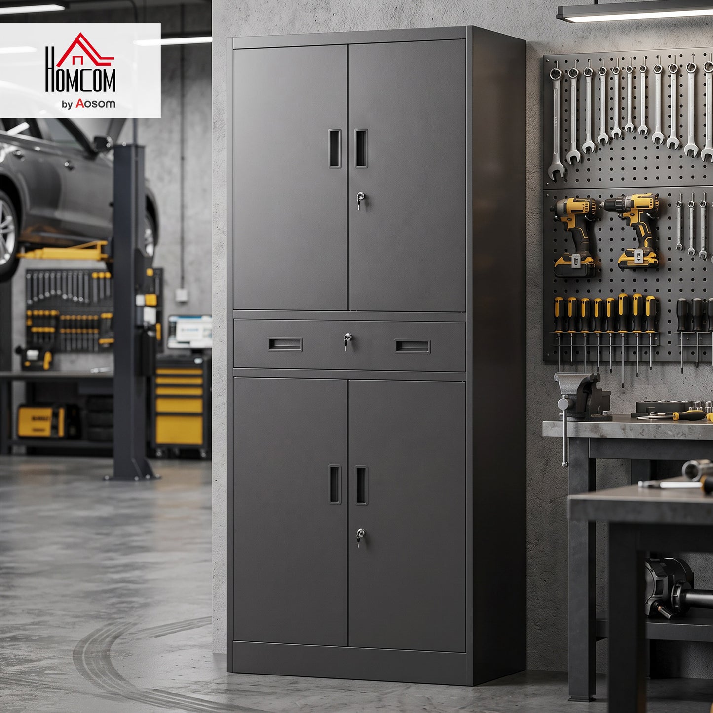 180cm Tall Tool Cabinet, Lockable Metal Storage Cabinet with Drawer
