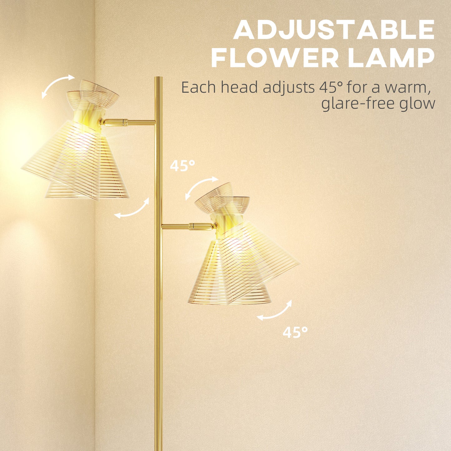 Standing Lamp with Adjustable Dual Head, Modern Floor Lamp, Gold Tone