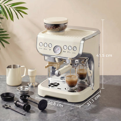 Espresso Machine with Integrated Bean Grinder & Steam Wand, Bean to Cup Coffee Machine with 15 Bar Italian Pump, 2L Water Tank, Cappuccino Maker, Stainless Steel, Cream White