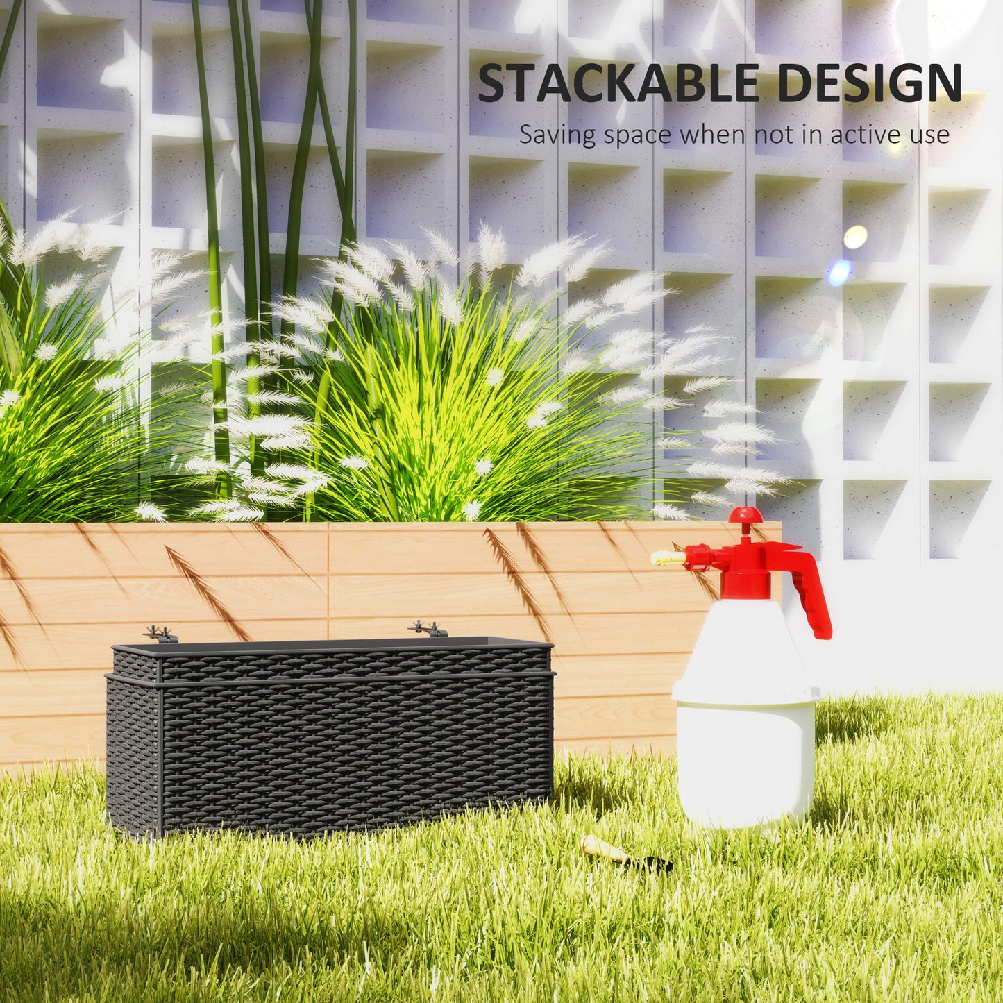 Set of 2 Hanging Flower Boxes, 50 cm Long, Rattan Look, Black