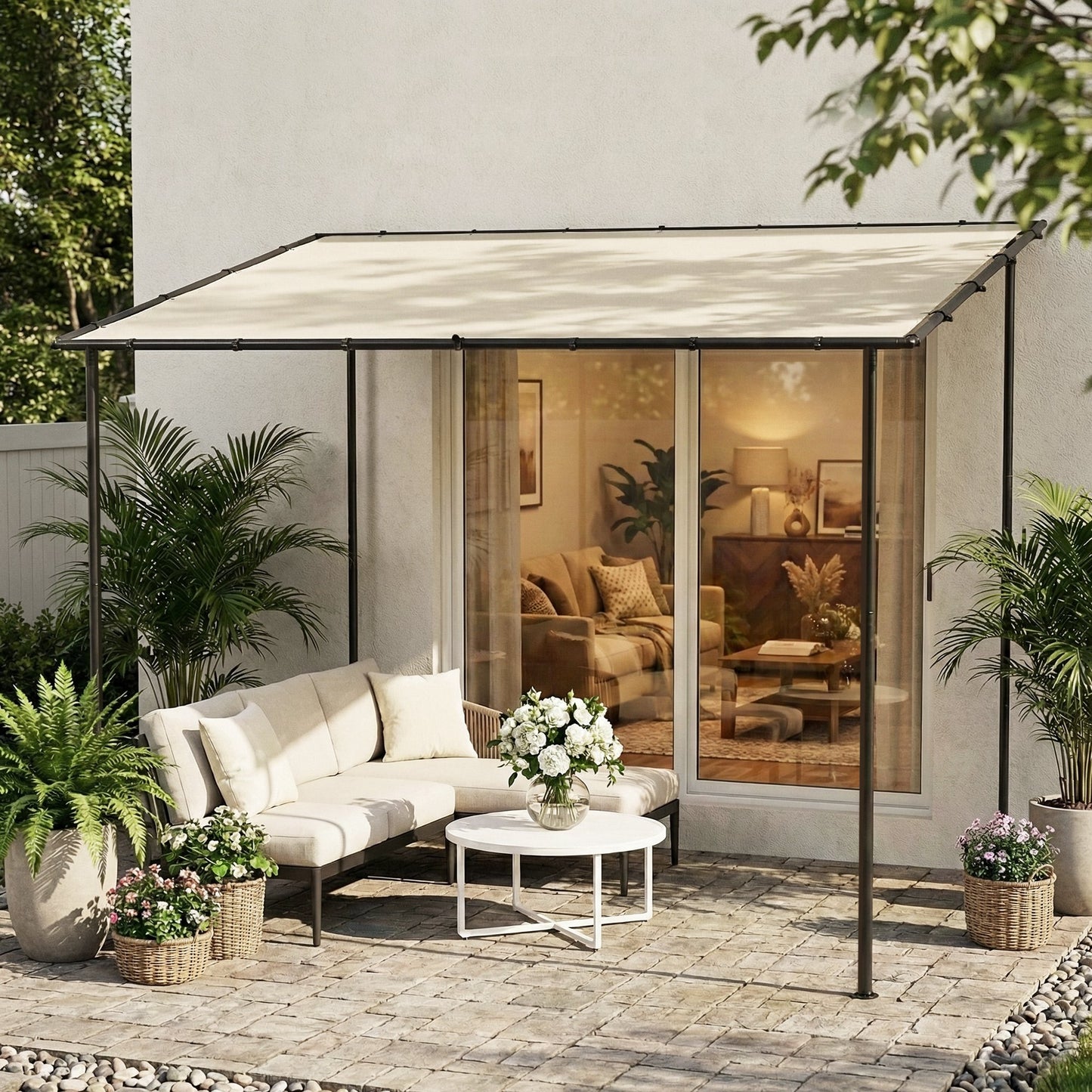 3 x 2 m Lean to Garden Pergola, Metal Frame Gazebo Pergola, Cream