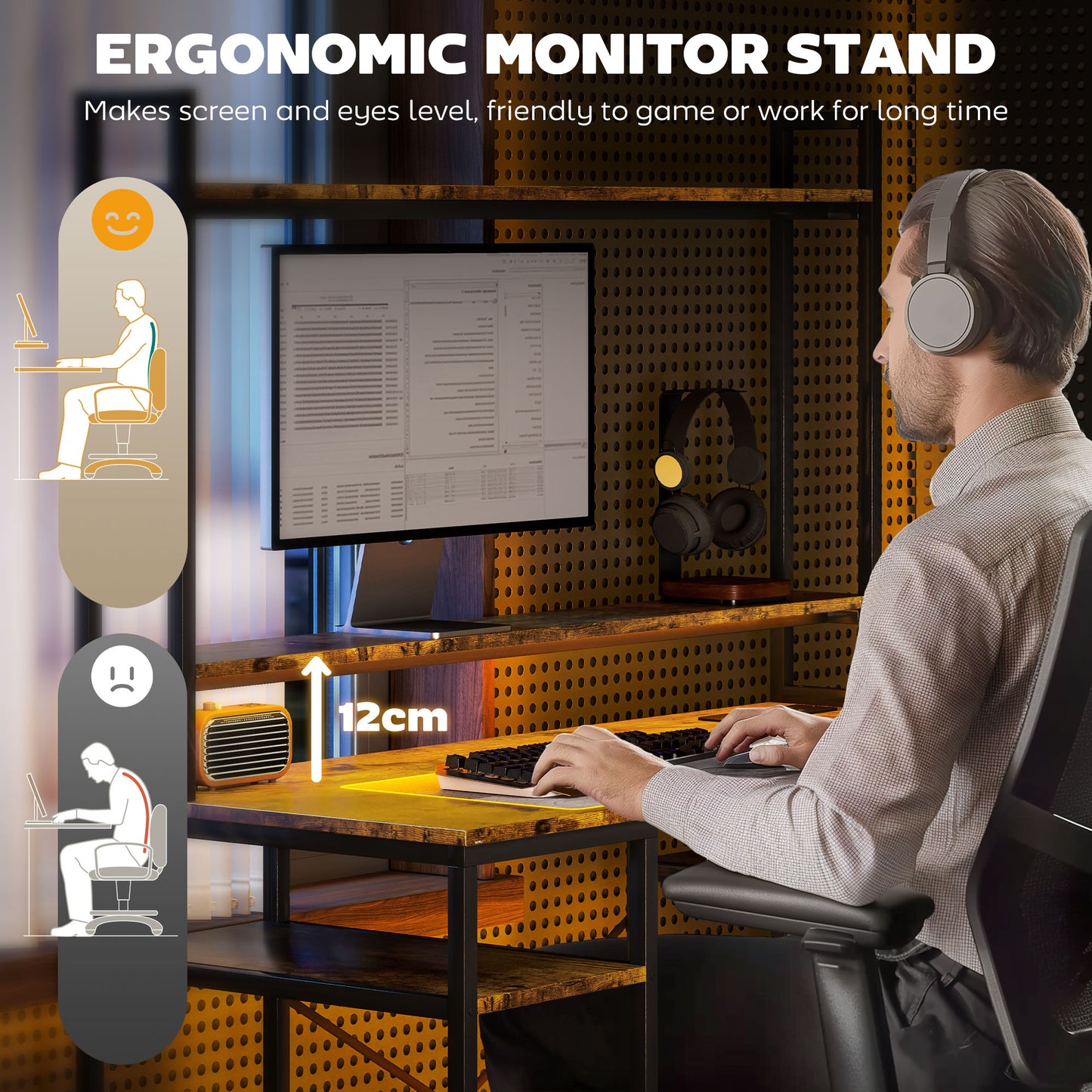 Computer Desk Home Office Desk with Monitor Stand, Rustic Brown