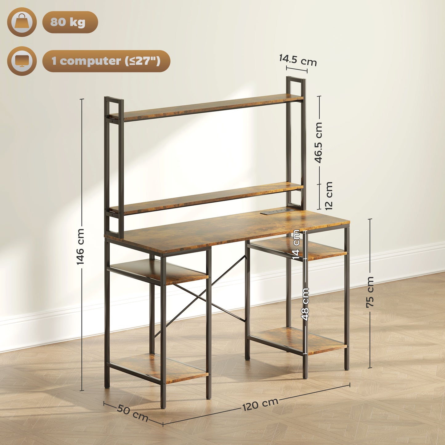 Computer Desk Home Office Desk with Monitor Stand, Rustic Brown