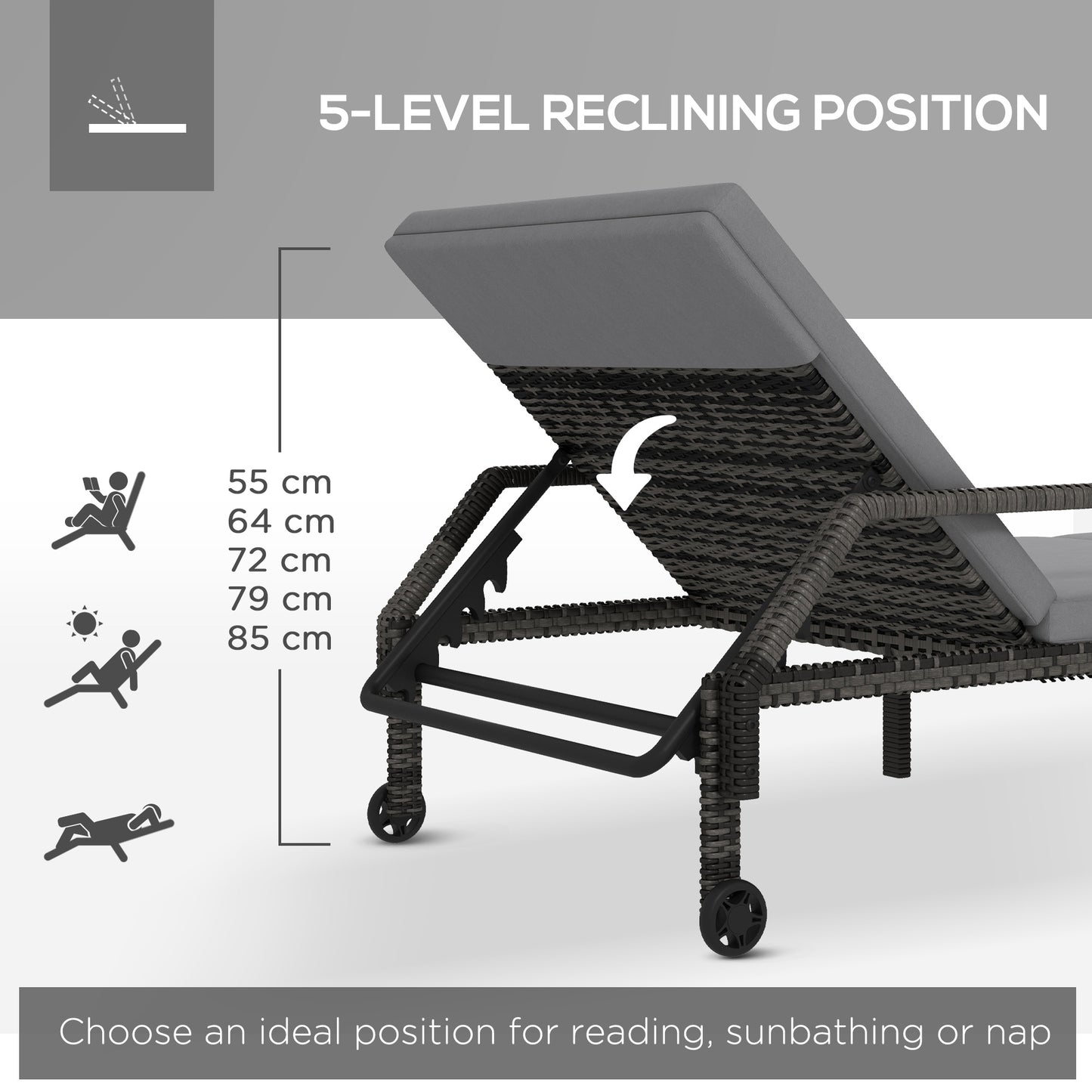 Outdoor Sun Lounger, Rattan Wicker Chaise Reclining with 5-Level Adjustable Backrest and 2 Wheels