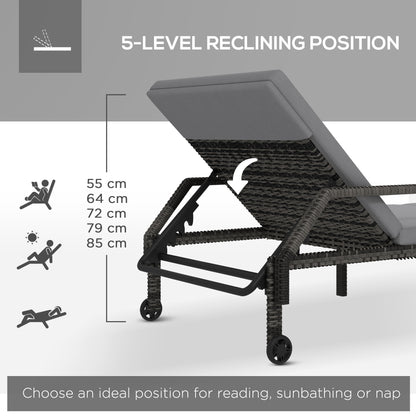 Outdoor Sun Lounger, Rattan Wicker Chaise Reclining with 5-Level Adjustable Backrest and 2 Wheels