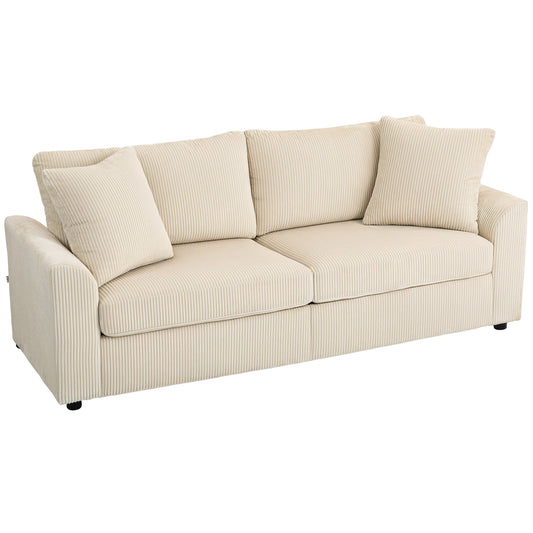 Modern 3 Seater Sofa with Spring Cushion, Upholstered Corduroy Settee for Living Room, Cream