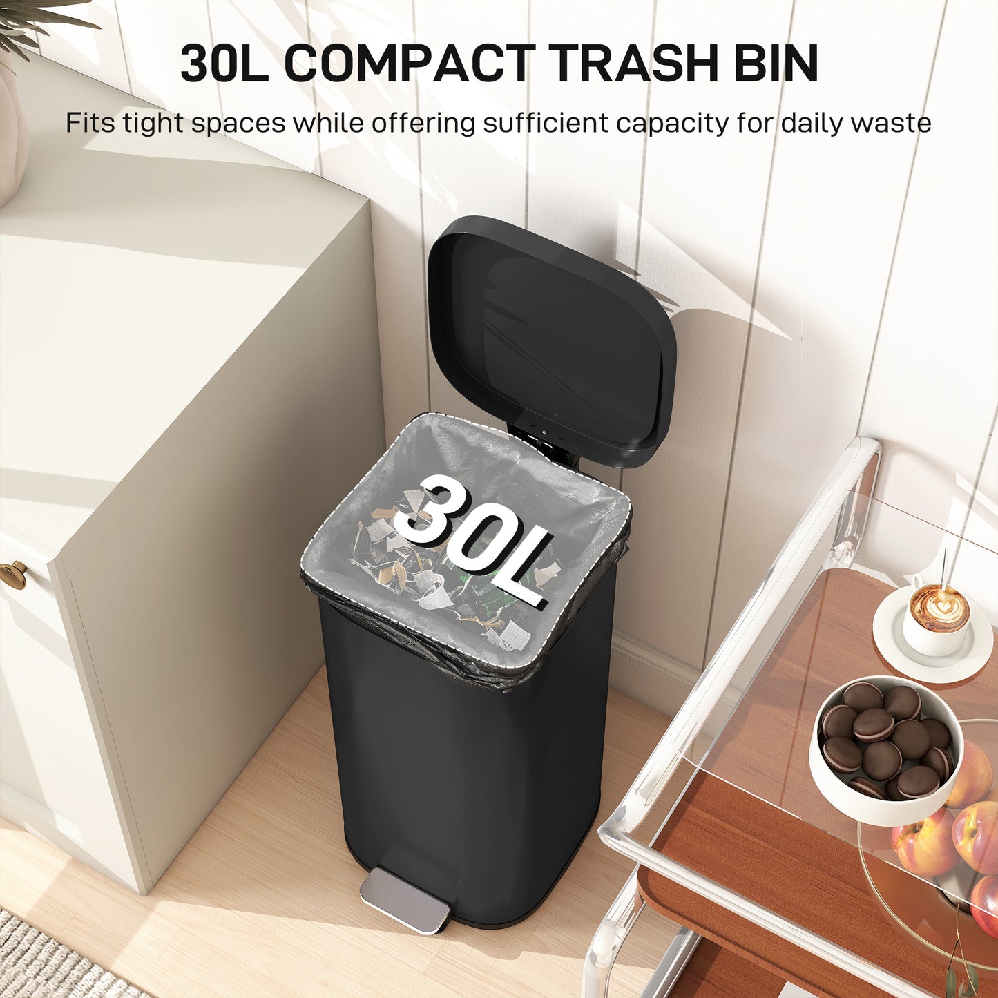 30L Kitchen Bin, Pedal Bin with Lid, Removable Inner Bucket, Black