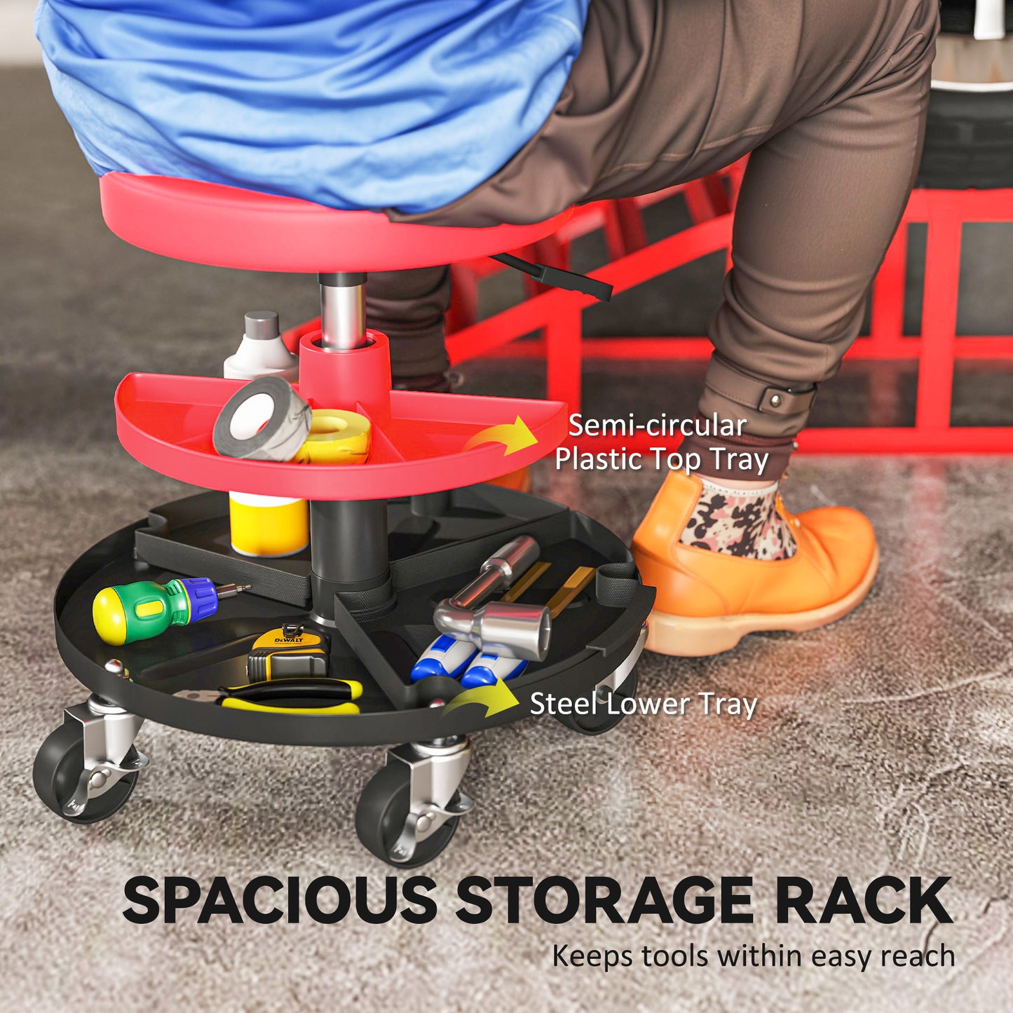 Rolling Mechanic Stool, 135kg Capacity Workshop Stool, Red