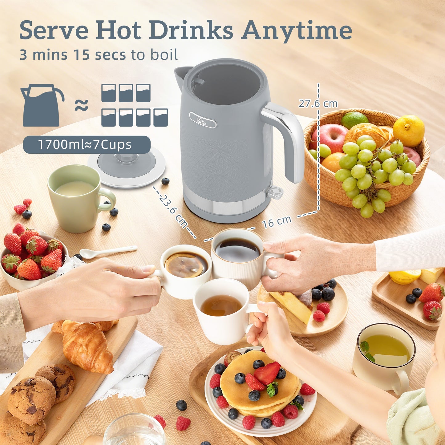 3000W Rapid Boil Kettle and Toaster Set with Otter Thermostat, Grey