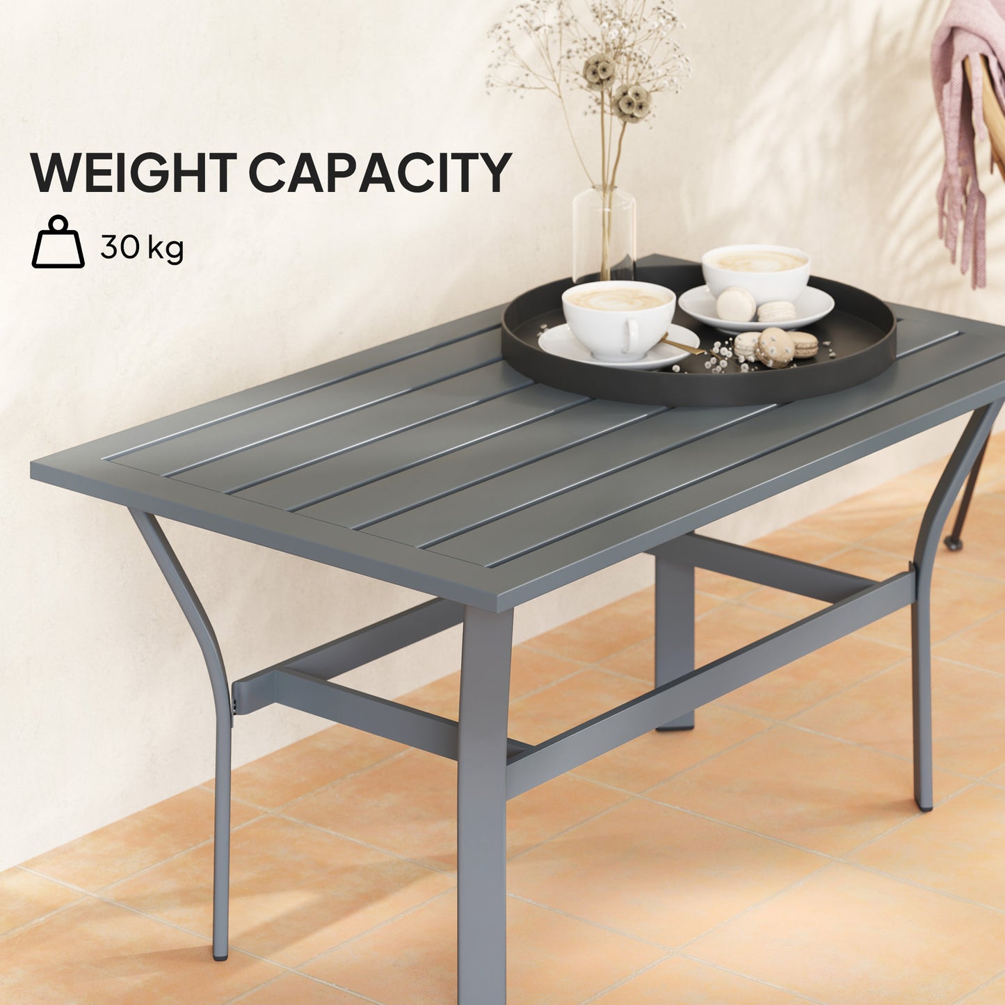 Metal Garden Coffee Table with Slatted Tabletop, Dark Grey