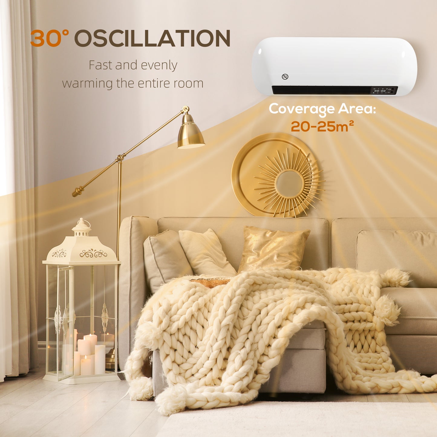 Ceramic Electric Heater 2000W with Fan, Wall Mounted, White