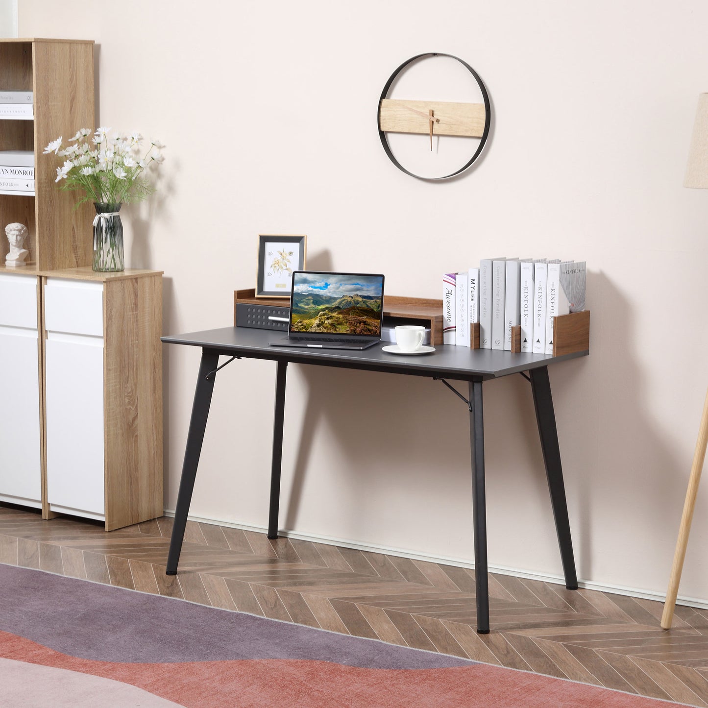 Built-In Storage Desk Workstation Steel w/ Adjustable Feet Drawer Black