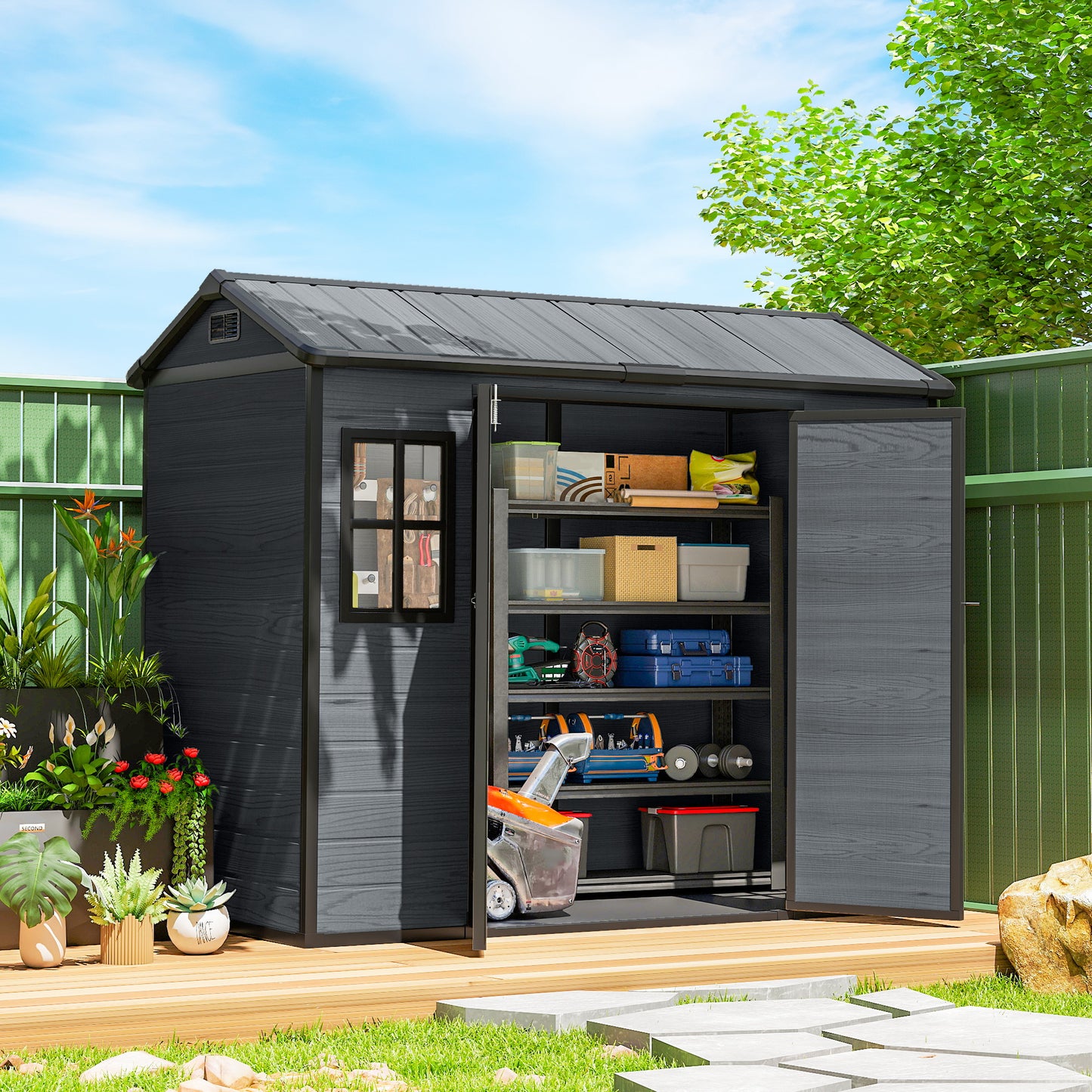 8 x 4 ft Resin Garden Shed with Floor, Lockable Doors, Dark Grey