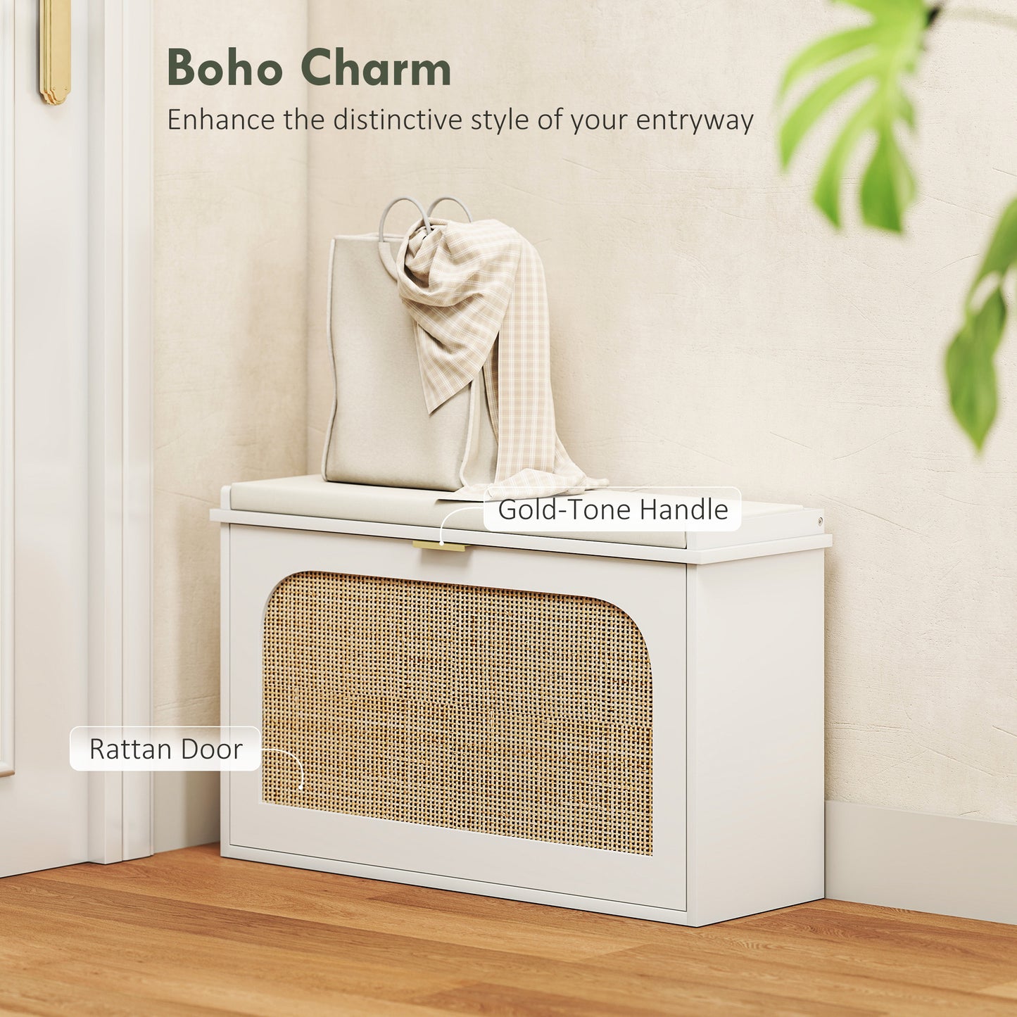 Boho Shoe Bench with Padded Seat and Flip-Drawer, White