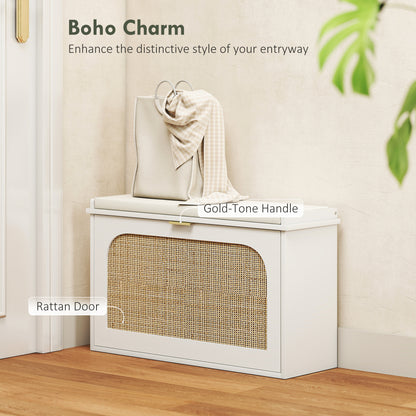 Boho Shoe Bench with Padded Seat and Flip-Drawer, White