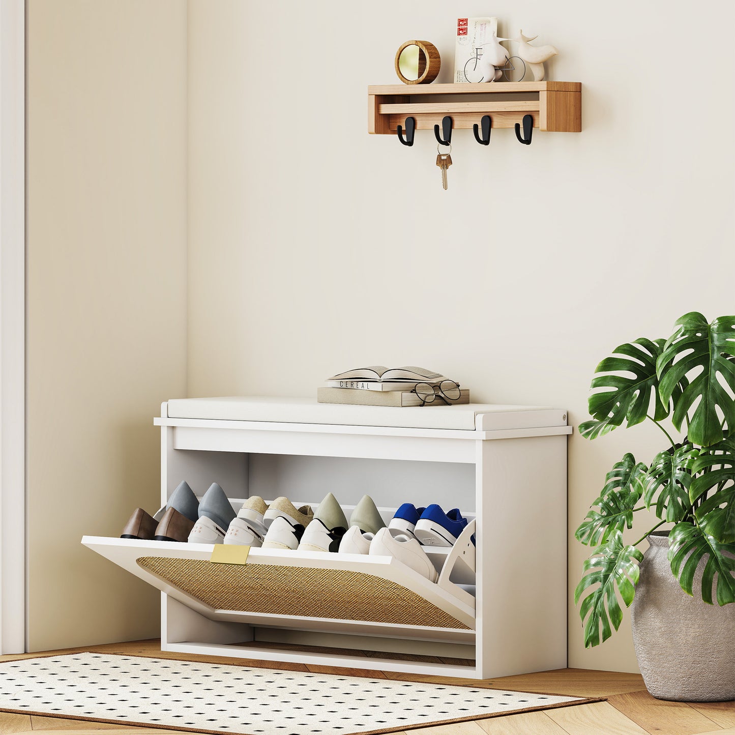 Boho Shoe Bench with Padded Seat and Flip-Drawer, White