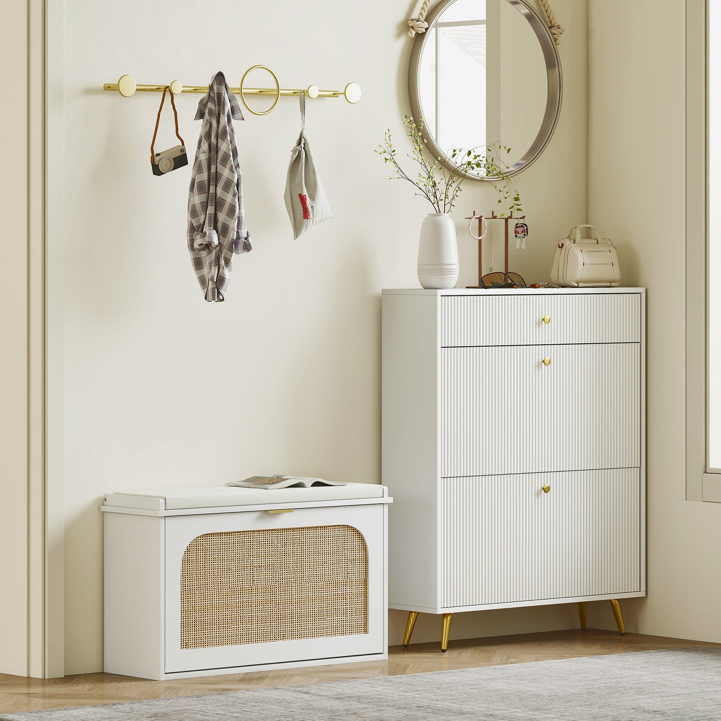 Boho Shoe Bench with Padded Seat and Flip-Drawer, White