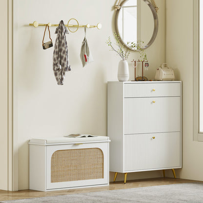 Boho Shoe Bench with Padded Seat and Flip-Drawer, White