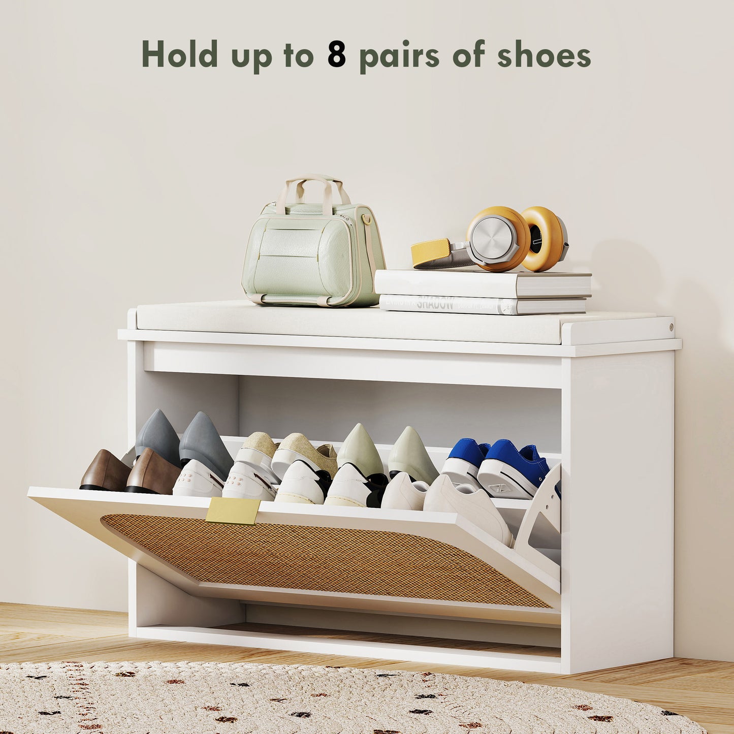 Boho Shoe Bench with Padded Seat and Flip-Drawer, White