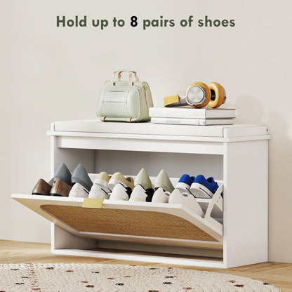 Boho Shoe Bench with Padded Seat and Flip-Drawer, White